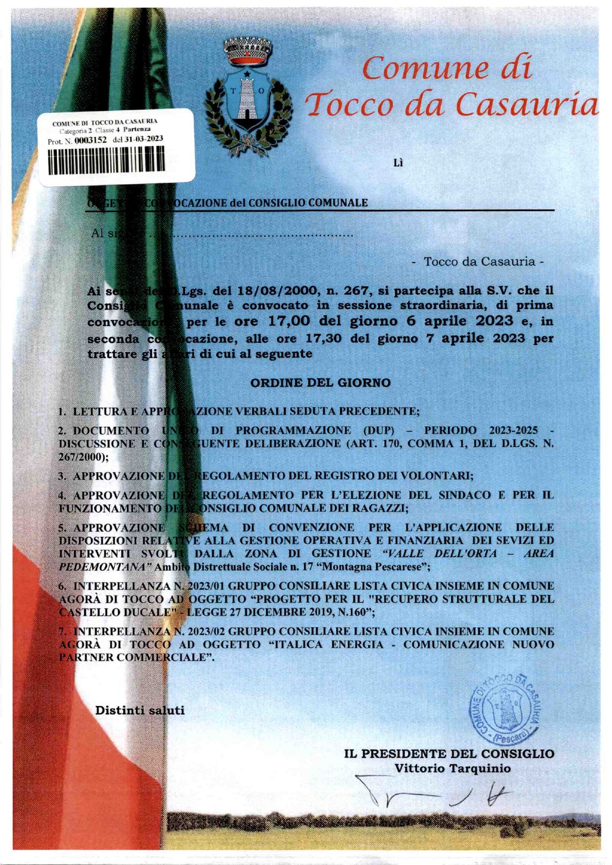 CONVOCAZIONE CONSIGLIO COMUNALE DEL 6 APRILE 2023